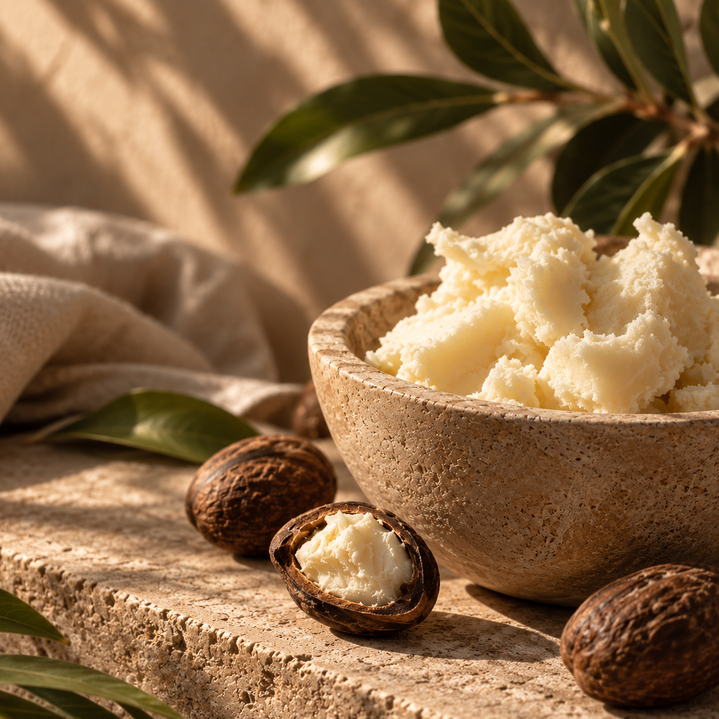 A rustic stone bowl filled with pale creamy solid fat, styled on a wooden surface with whole and halved brown nuts, green leaves, and soft natural shadows.