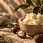 A rustic stone bowl filled with pale creamy solid fat, styled on a wooden surface with whole and halved brown nuts, green leaves, and soft natural shadows.