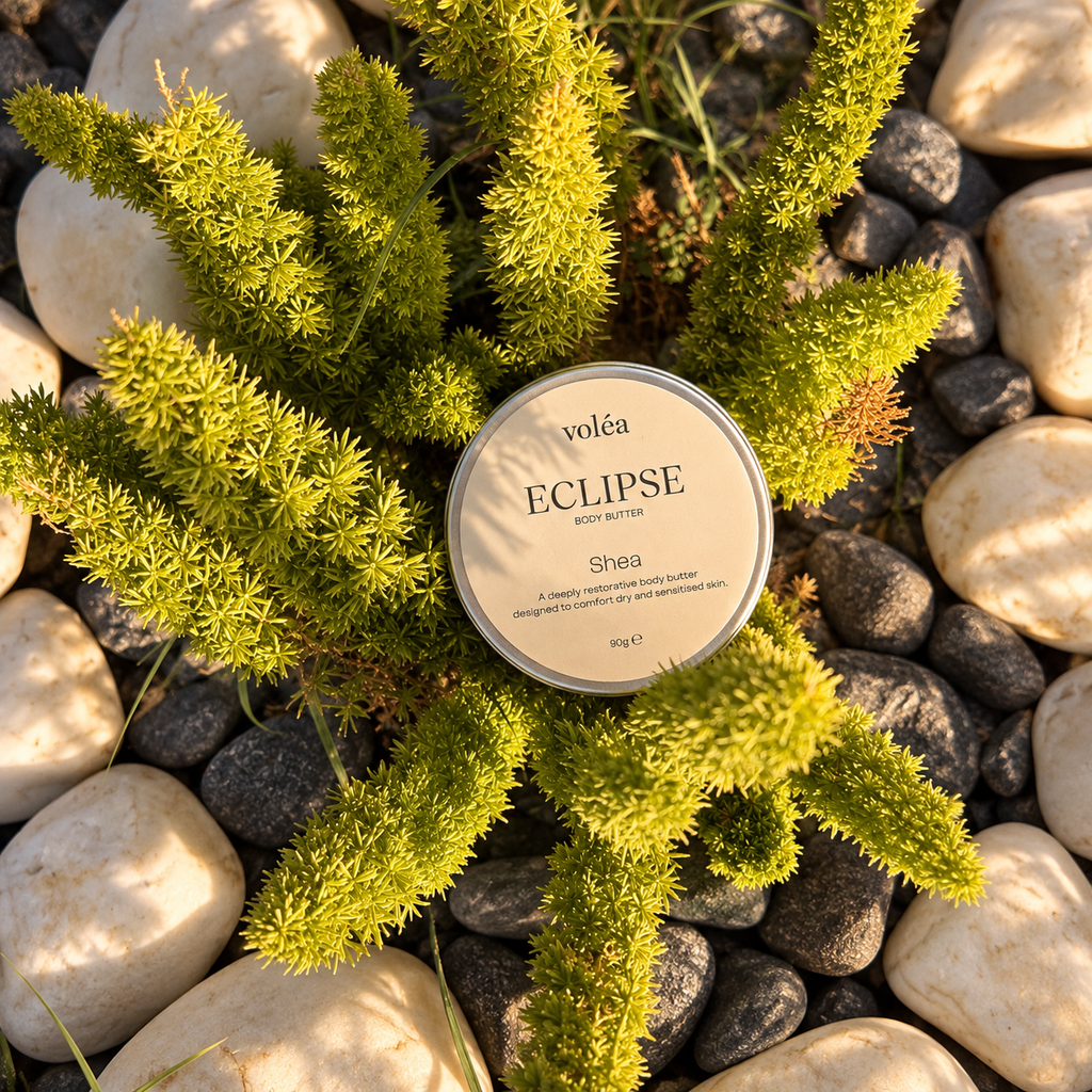 Volea Eclipse Shea Body Butter in a round silver tin, with one tin open to show the creamy off-white balm inside and another tin showing its lid label.