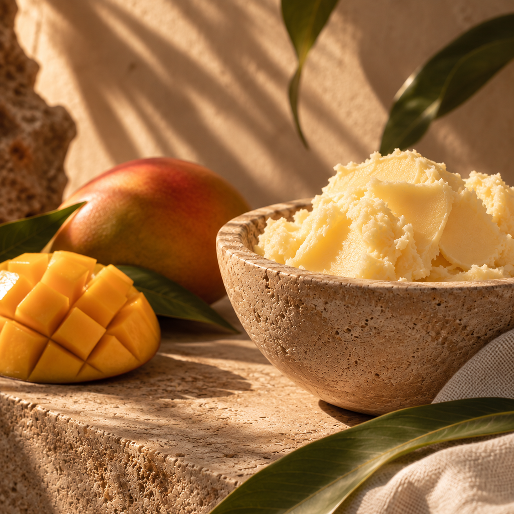 A stone bowl filled with pale yellow whipped cream or butter sits on a sunlit stone surface beside a whole mango and a sliced mango with visible seeds, with green leaves and warm shadows in the background.