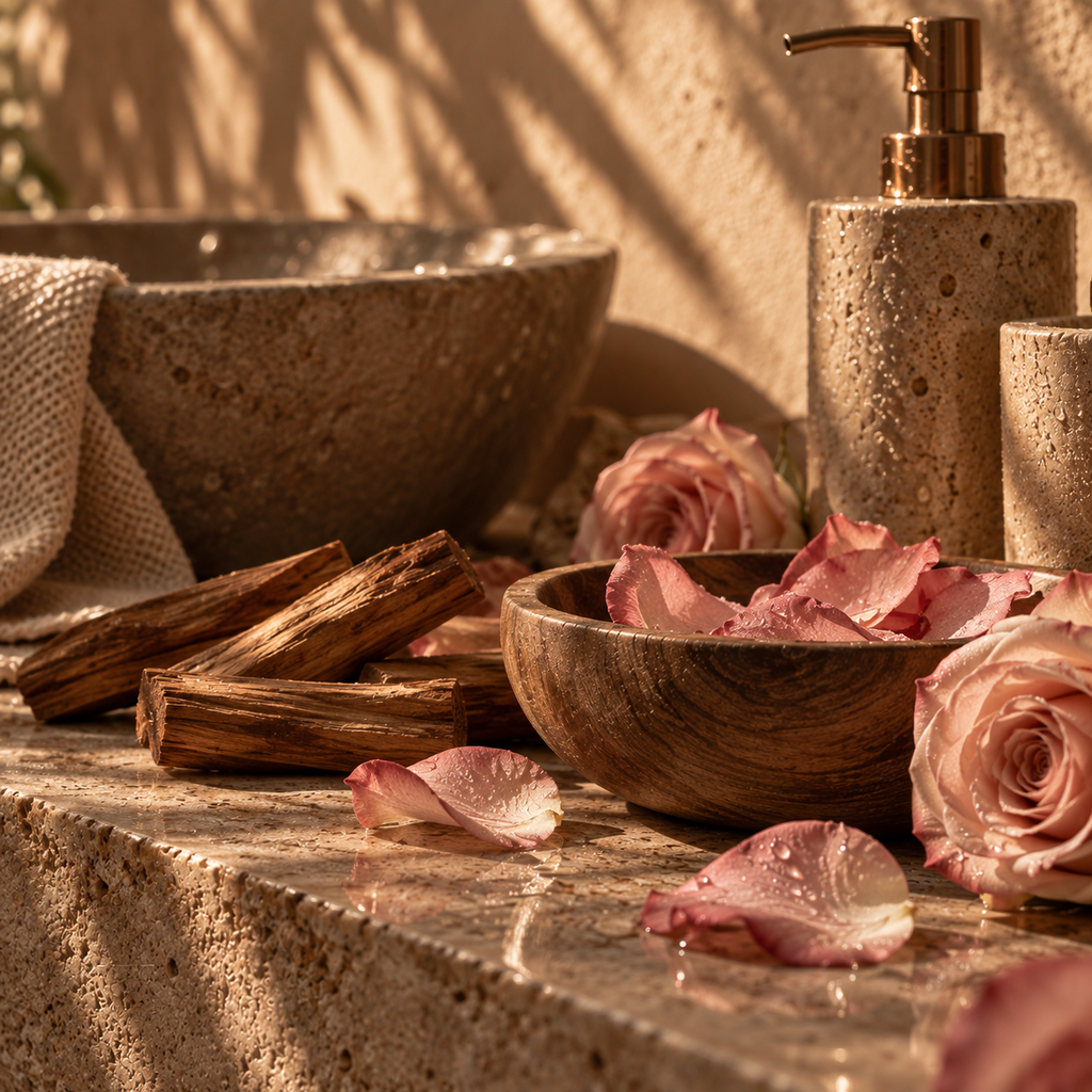 A styled spa-like scene with a stone soap dispenser and matching stone container on a marble surface, alongside a wooden bowl of pink rose petals, scattered rose petals, wood sticks, and a textured towel in warm sunlight.