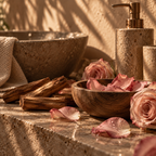 A styled spa-like scene with a stone soap dispenser and matching stone container on a marble surface, alongside a wooden bowl of pink rose petals, scattered rose petals, wood sticks, and a textured towel in warm sunlight.