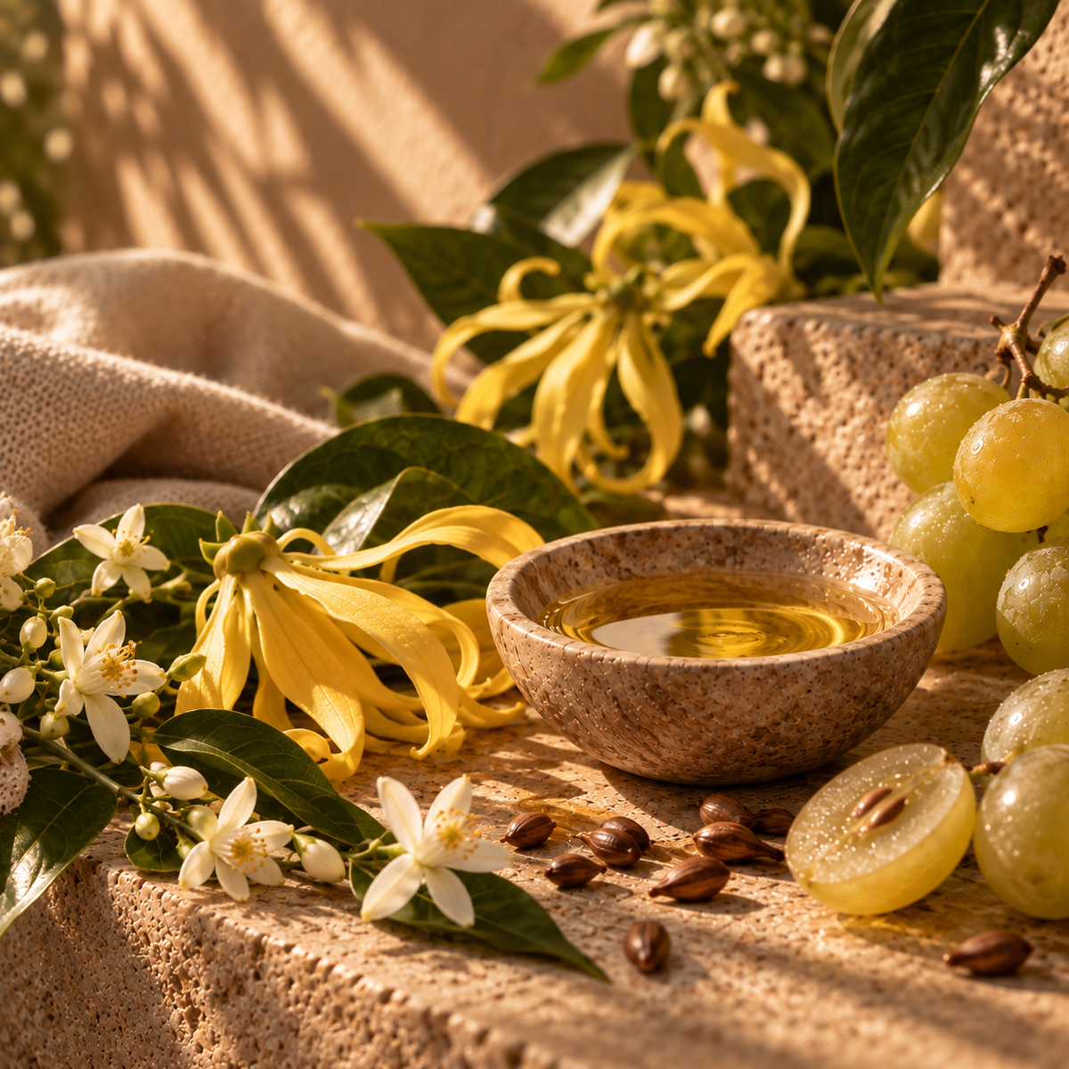 A styled still life featuring a small stone bowl filled with golden oil, surrounded by yellow flowers, green leaves, white blossoms, green grapes, and coffee beans on a textured beige surface with draped fabric in the background.